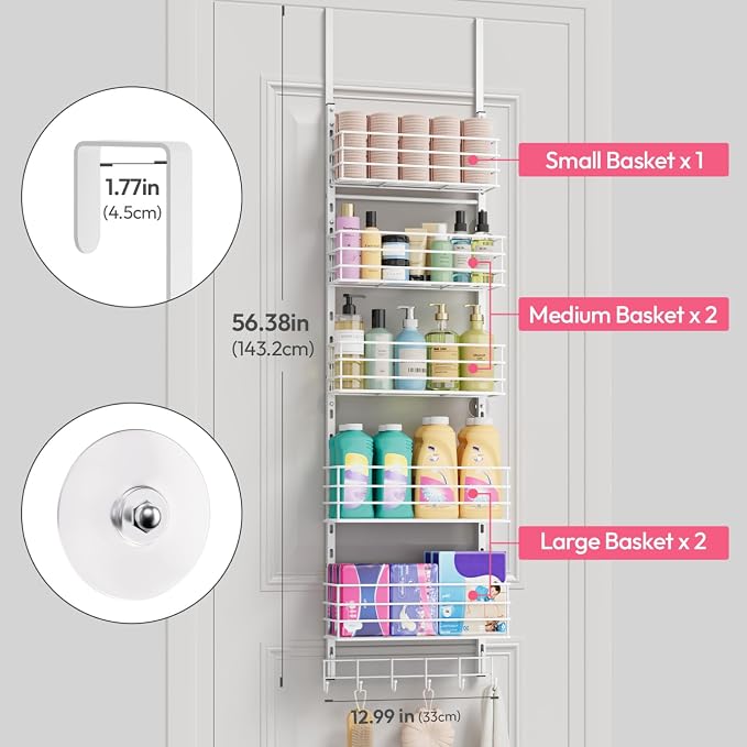 SWTYMIKI Over The Door Organizer - Door Organizer Hanging with 5 Adjustable Metal Large Capacity Basket and 6 Coat Hook, Wall Mounted Shelf for Bedroom Closet Bathroom Laundry Pantry Cabinet Kitchen - Image 2