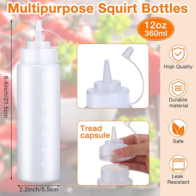 Xinnun 24 Pcs Plastic Condiment Squeeze Bottles Squeeze Leak Proof Multipurpose Squirt Bottles with Twist Top Cap for Sauces Ketchup BBQ Syrup Dressings Paint Grilling Crafts Olive Oil Arts(12 oz) - Image 2