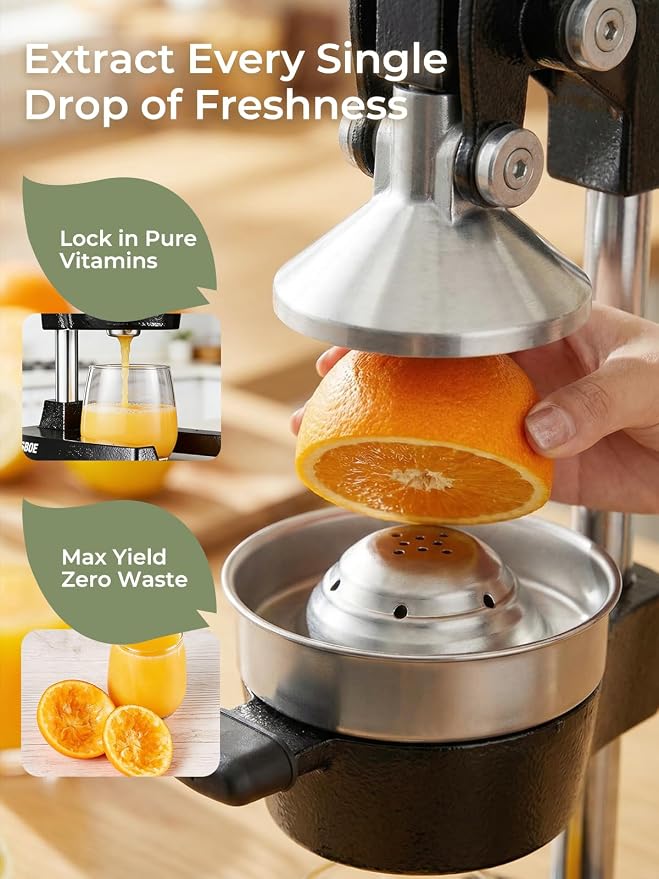 Professional Cast Iron Juicer - Heavy Duty Manual Juicer Press with 304 Stainless Steel Cup, Commercial Grade Extractor for Fresh Orange, Pomegranate & Lemon - Easy to Clean, Black - Image 3