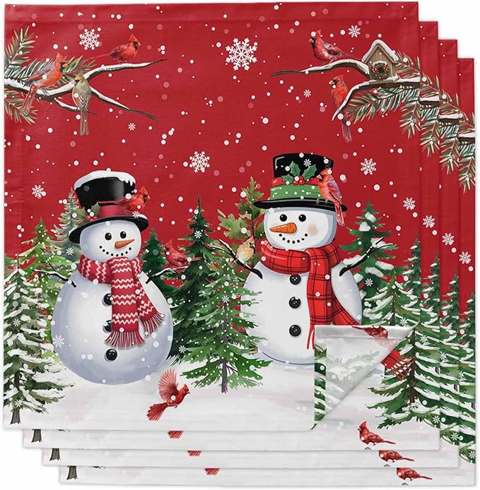 Red Snowman Christmas Cloth Napkins, Washable and Reusable Dinner Napkins Set of 4, Xmas Tree Snowflake Winter Branches Table Napkin for Kitchen Party Birthday Wedding Hotel Housewarming 20''x20'' by Unknown