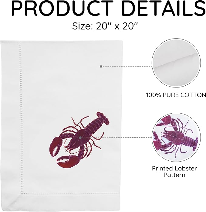 Cloth Tea Napkins Set of 4, Marine Animal Print Cloth Napkins, Reusable Cotton Table Napkins for Dinners, Beach Parties, Coffee and Cocktail Settings, 20x20 Inches (Lobster) - Image 3