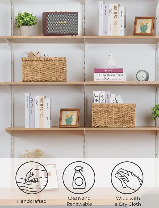 StorageWorks Wicker Storage Baskets for Shelves, Paper Rope Basket, 2-Pack | Rectangular Wicker Storage Baskets, Wicker Basket with Handles, Pantry Organizer and Storage, Woven Baskets,13"L x 8¼"W x 7"H - Image 4