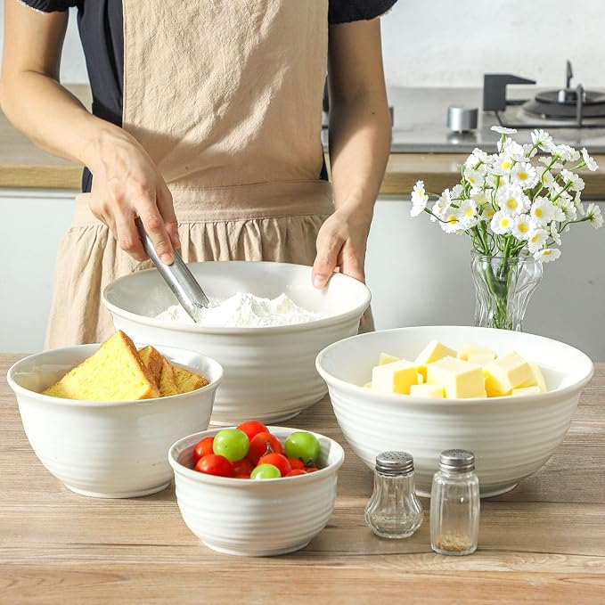 Hasense Porcelain Mixing Bowls, 2.8/2.1/1.0/0.5 Qt, Handmade Large Salad Serving Bowls for Kitchen, Deep Nesting Dishes for Cooking and Baking, Microwave Dishwasher Safe, Clay-Infused White - Image 6