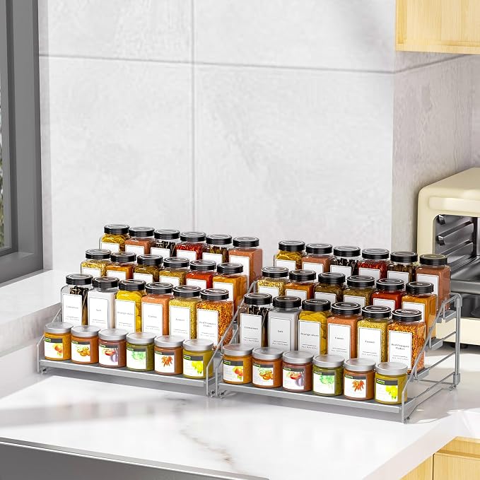 BOIVSHI Spice Rack for Cabinet, 4 Tier Spice Rack, Space-saving, Gray | Metal Spice Shelf Depth Adjustable, 2 Pack Spice Organizer for Cabinet, Countertop, Pantry, Tool-free and Screw-free Assembly - Image 2