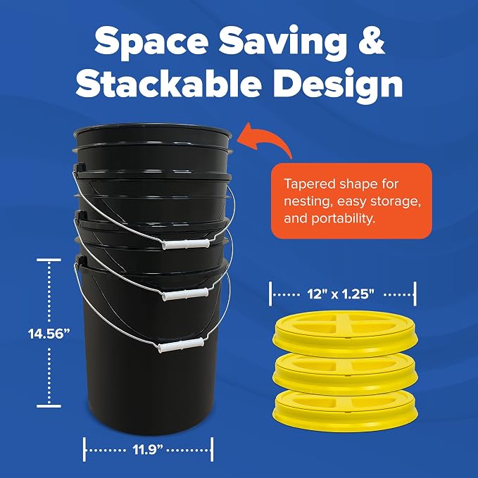 5 Gallon Bucket - Food Grade w/Lid BPA-Free, Black/Yellow, 3 | Airtight Gamma Seal Screw-On Lid, Heavy-Duty 90 Mil HDPE Plastic, Food Safe and Durable Container, Bulk Storage, Made in USA - Image 2