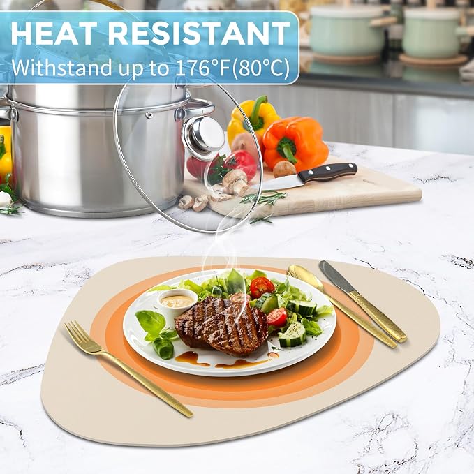 Faux Leather Placemats Set of 12, Wipeable & Washable Table Mats | Waterproof, Heat-Resistant & Easy to Clean Round Place Mats for Dining & Kitchen, 17''x13'', Beige - Image 3