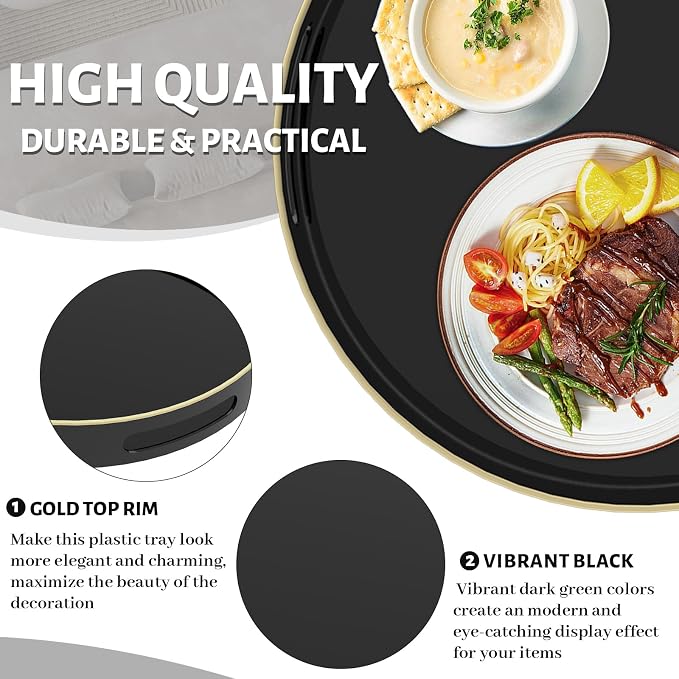 13" Black Decorative Tray, Plastic Round Serving Tray with Handles | Decorative Tray for Coffee Table, Modern Ottoman Tray, Circle Tea Tray, Round Melamine Tray for Living Room, Bathroom - Image 3