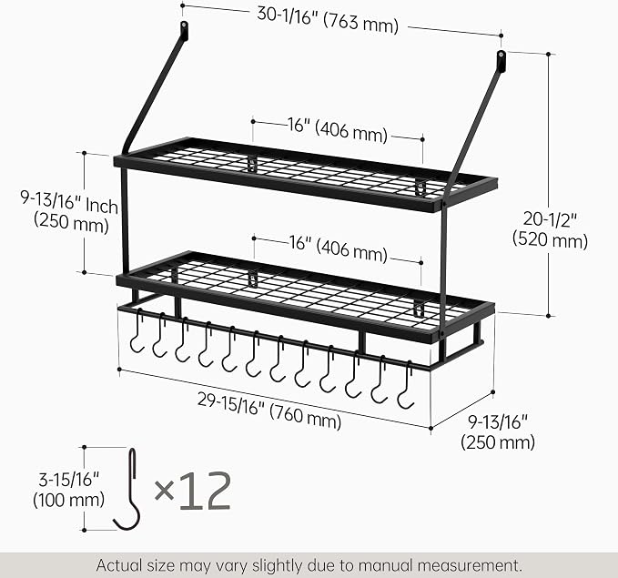 KES 30-Inch Kitchen Pot Rack - Mounted Hanging Rack for Kitchen Storage and Organization - Matte Black 2-Tier Wall Shelf with Guard Rail for Pots and Pans Organizer with 12 Hooks - KUR215S75B-BK - Image 6
