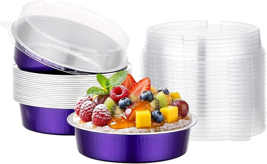 Beasea 7.3oz Cheesecake Pan with Lids, 20 Pack 4 Inch Round Aluminum Foil Disposable Tart Tins, Cupcake Container with Lids Mini Pie Tart Pans Baking Cups For Pizza Quiche - Violet Purple by Beasea