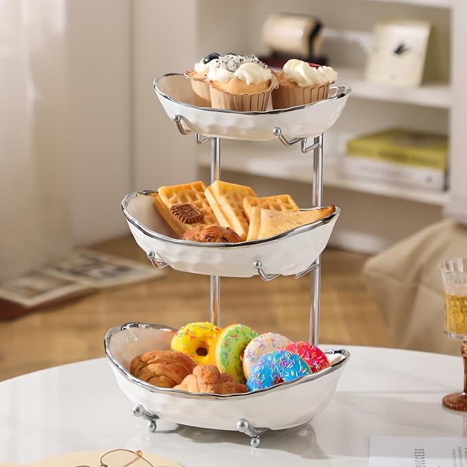 XUDREZ 3 Tier Fruit Bowl with Metal Stand for Kitchen Counter, Ceramic White Gold Silver, Tiered Fruit Basket for Nuts, Snacks, Bread, Candy Storage (White B) - Image 4