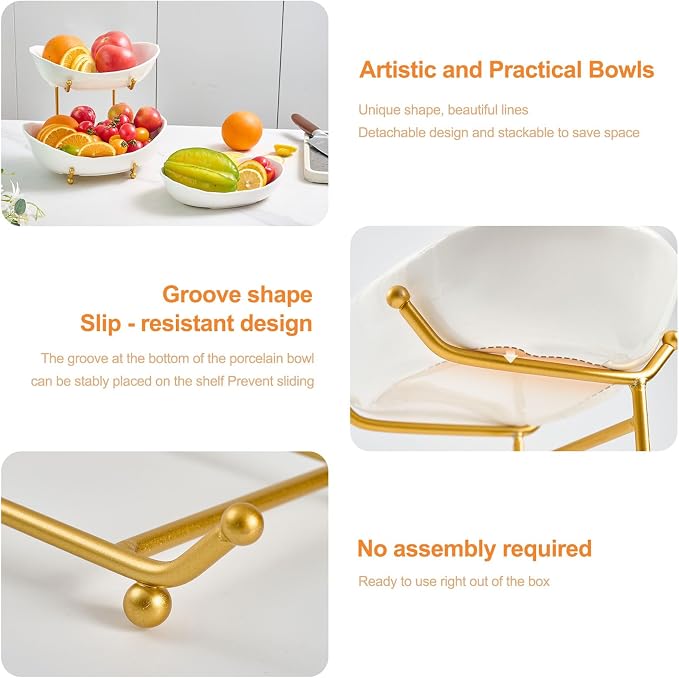 2 Tier Ceramic Fruit Bowl for Kitchen Counter | Fruit Rack with Gold Metal Stand, Fruit Holder for Fruit, Vegetables, Cake, Dessert, Bread Storage (White) - Image 3