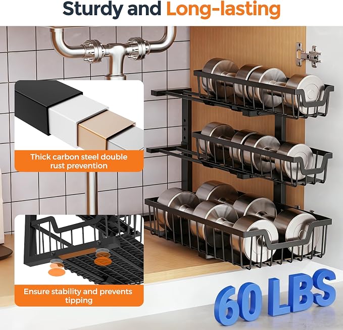 Under Sink Organizer, 2-Pack 3-Tier Height Adjustable Thickened Metal Pull out Cabinet Organizer Shelf, Slide out Storage Drawer Rack for Bathroom Kitchen Pantry Home Laundry Organization (Black) - Image 4