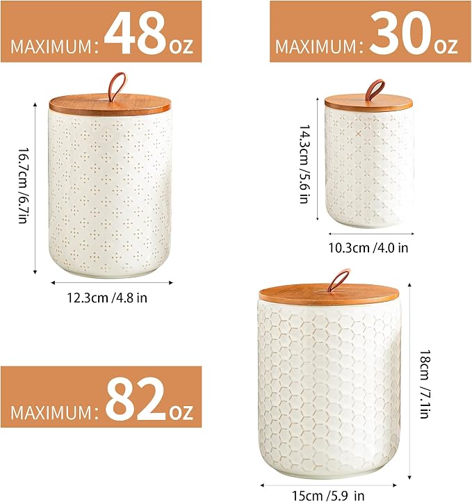 JOJUNO White Ceramic Canister Set with Wooden Lids – 3-Piece Airtight Food Storage Jars for Kitchen, Embossed Design, Small/Medium/Large Sizes (30/48/82 oz) – Flour, Sugar, Coffee, Tea Containers - Image 2