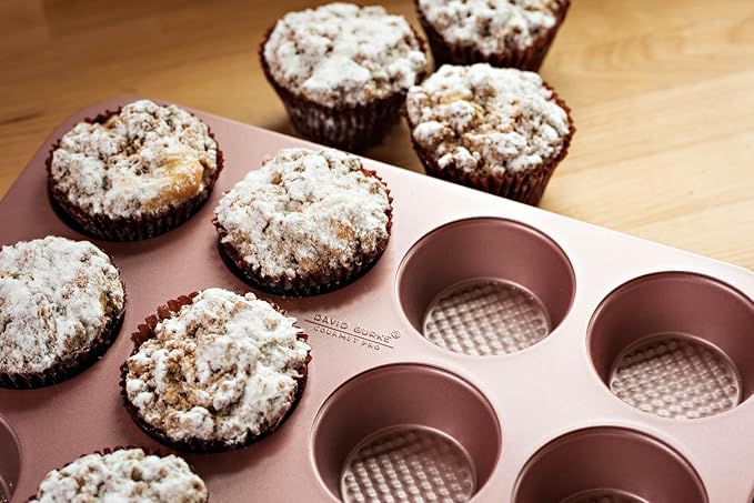 David Burke 12-Cup Muffin Pan, Carbon Steel, PFTE & PFOA Free, Oven Safe, Diamond Textured Surface – Rose Gold - Image 3