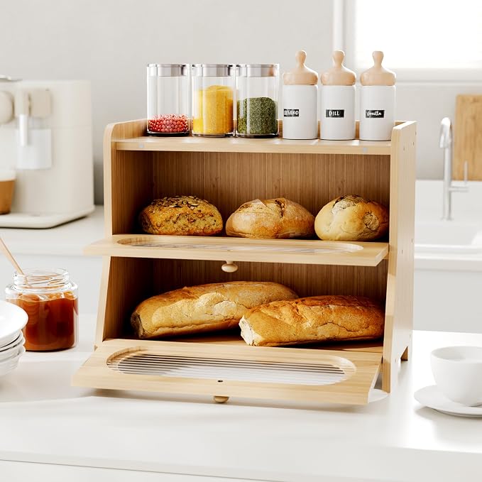 Bread Box,Extra Large 2-Tier Bamboo Bread Box for Kitchen Countertop,Bread Storage Container with Magnetic Acrylic Door for Homemade Bread,Under Cabinet,Pantry Organizer(Natural) - Image 2