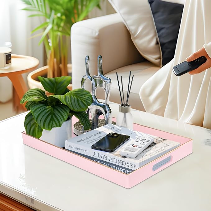 Pink Decorative Tray for Coffee Table, Serving Tray with Handles | Plastic Melamine Tray, Modern Ottoman Tray, Rectangular Countertop Organizer Tray for Living Room, 15.8"L x 10.2"W x 1.4"H - Image 5