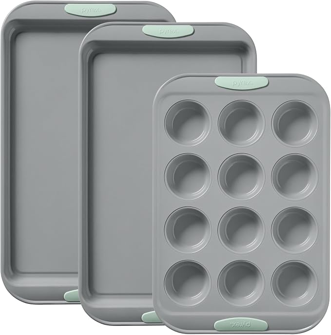 Pyrex 3-Piece Metal Cookie & Muffin Sheet Bakeware Set, Sage | Lightweight stainless steel baking trays with heatsafe silicone handles, made without PFAS, mercury, lead, cadmium & BPA by Pyrex