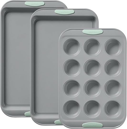 Pyrex 3-Piece Metal Cookie & Muffin Sheet Bakeware Set, Sage | Lightweight stainless steel baking trays with heatsafe silicone handles, made without PFAS, mercury, lead, cadmium & BPA by Pyrex