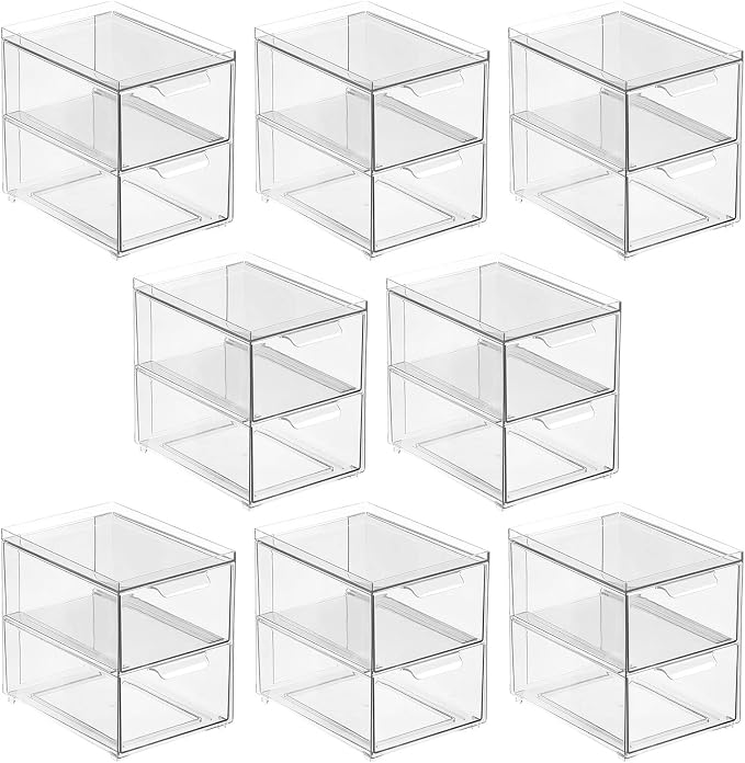 mDesign Stackable Storage Containers Box with 2 Pull-Out Drawers - Stacking Plastic Drawer Bins for Master or Guest Bathroom, Linen Closet, Vanity, or Makeup Table - Lumiere Collection - 8 Pack, Clear - Image 9