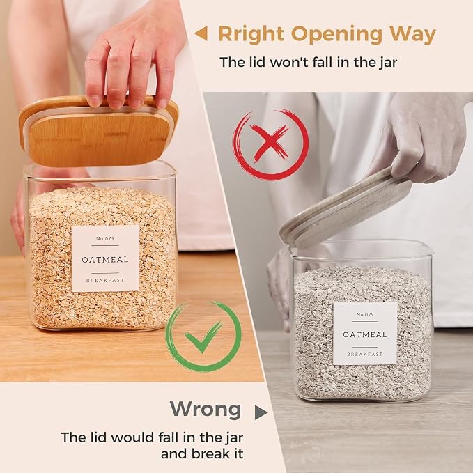 2 Pack Square Glass Flour and Sugar Containers with 132 Kitchen Pantry Labels - Thicken 85 FL OZ Large Glass Storage Jars with Airtight Bamboo Lid - Big Food Canisters for Cookies, Candy, Tea, Coffee - Image 7