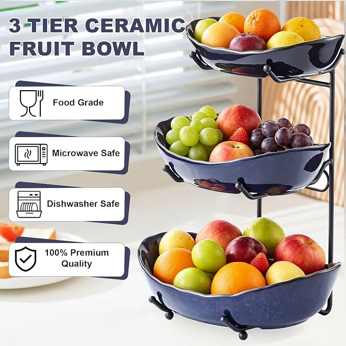 3 Tier Ceramic Fruit Bowl for Kitchen Counter | Tiered Fruit Basket for Countertop, Serving Tray for Food, Vegetable, Cake, Dessert in Party(Dark Blue) - Image 4