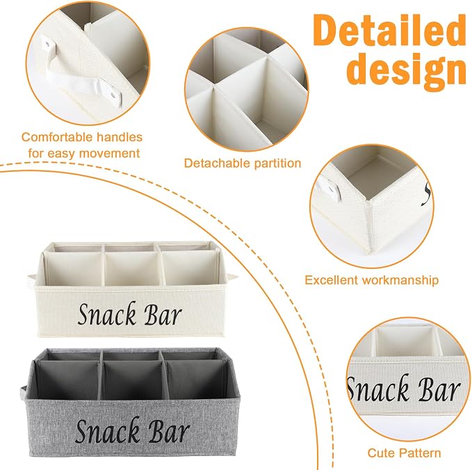 Snack Organizer for Countertop, 2 Pack Fabric Snack Container with Handles, 6 Compartment Snack Box Container Snack Basket, Snack Bar Station Decor, Kitchen Pantry Organizer and Storage - Image 2