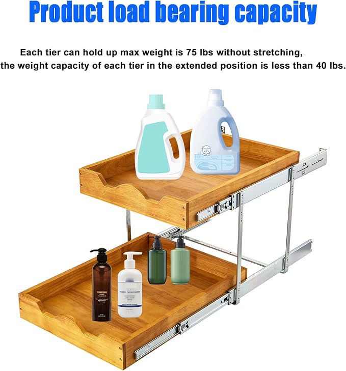 DINDON 2 Tier Wood Pull Out Cabinet Organizer (17" W x 18" D) Heavy-Duty Metal Sliding Drawer Shelf, Two Tier Pull Out Shelves for Kitchen Cabinets, Pantry, Bathroom… - Image 5