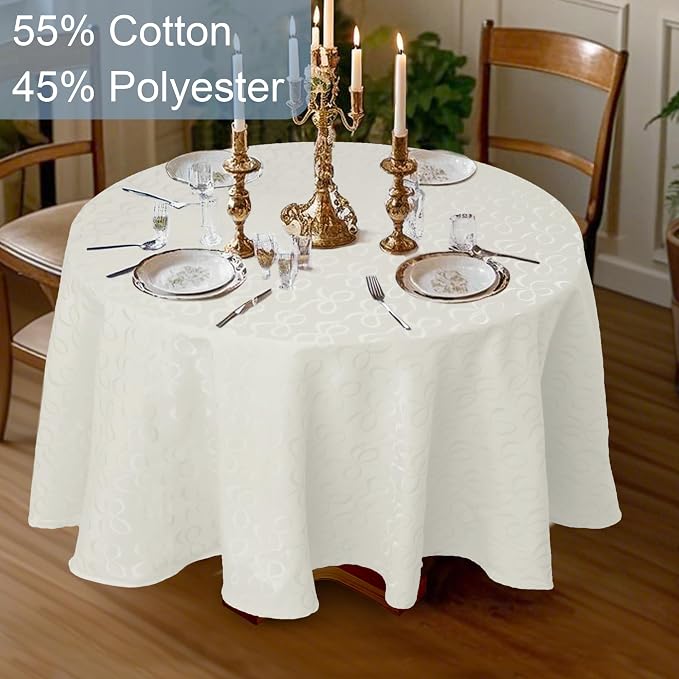 White Round Tablecloth 70 Inch Cloth for 5ft Tables (4-6 Seats) - Cotton & Polyester - Wrinkle/Fade Resistant - Washable & Reusable - 1PC Circle Table Cover for Wedding, Party & Dining, Bows Jacquard - Image 5