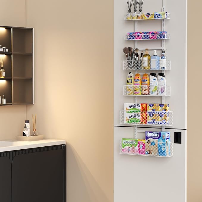 6-Tier Over The Door Pantry Organizer,Hanging Spice Rack,Grid Basket,White | Height Adjustable,Large Capacity,Grid Base for Stable Stoage,For Pantry Door,Laundry Room,Bathroom,Kitchen,D5.3xW15.7xH60.9in - Image 8