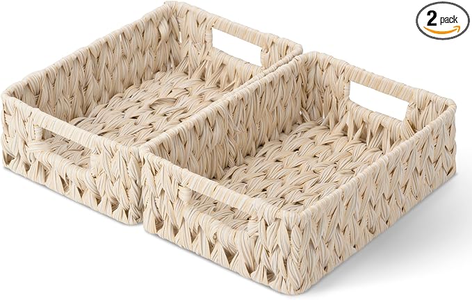 GRANNY SAYS Wicker Baskets for Organizing, Shallow Storage Bins, 2-Pack | Waterproof Wicker Baskets with Handles, Wicker Storage Baskets for Shelves, Woven Baskets for Storage,Living Room,Butter Milk by GRANNYSAYS
