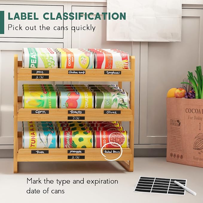 Bamboo Can Organizer for Pantry, 3 Tier Stackable Can Storage | Rolling Can Organizer Pantry with Label Sticker and Marker Pen, Can Holders for Cabinet and Can Rack Organizer - Image 5