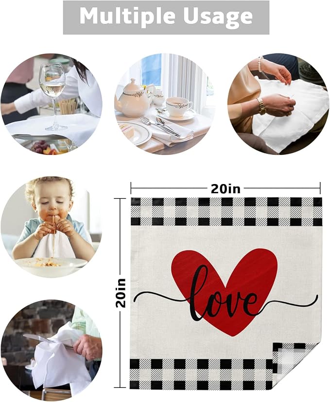 Kitchen Cloth Napkins 4 Pack Reusable Dinner Napkins Love Valentines Red Heart Black White Buffalo Plaid Linen Soft Smooth Fabric Table Napkin for Wedding Banquet Party Decoration (20x20 Inches) - Image 5