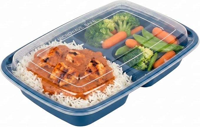 Asporto 26 Ounce Compartment Take Out Boxes, 100 Microwavable Meal Prep Containers - 3 Compartments, With Clear Plastic Lids, Midnight Blue Plastic Food Containers, Do Not Contain BPA - Restaurantware - Image 6