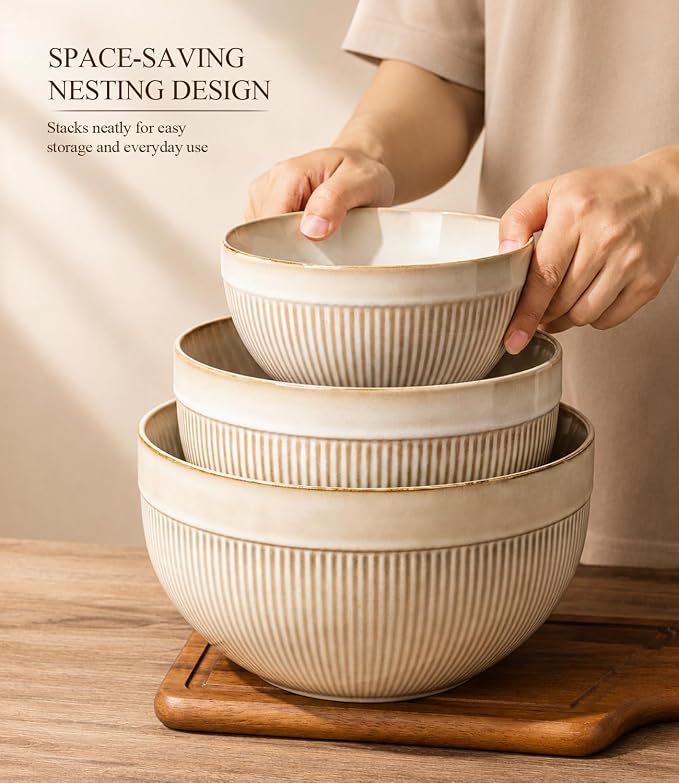 GBhome Ceramic Mixing Bowls Set of 3, Stoneware Nesting Serving Bowls | 45/90/150 oz For Prep, Baking, Serving, Gift, Microwave and Dishwasher Safe, Ribbed Dishware Collection,Cappuccino - Image 8