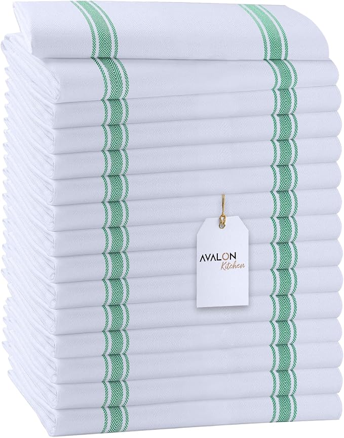 Dish Towels 15 Pack Green Stripe 100% Cotton Kitchen Towel 15x25 Inch Tea Towels, Dish Cloths for Washing Dishes, Kitchen Rags for Drying Dishes by Avalon+Kitchen