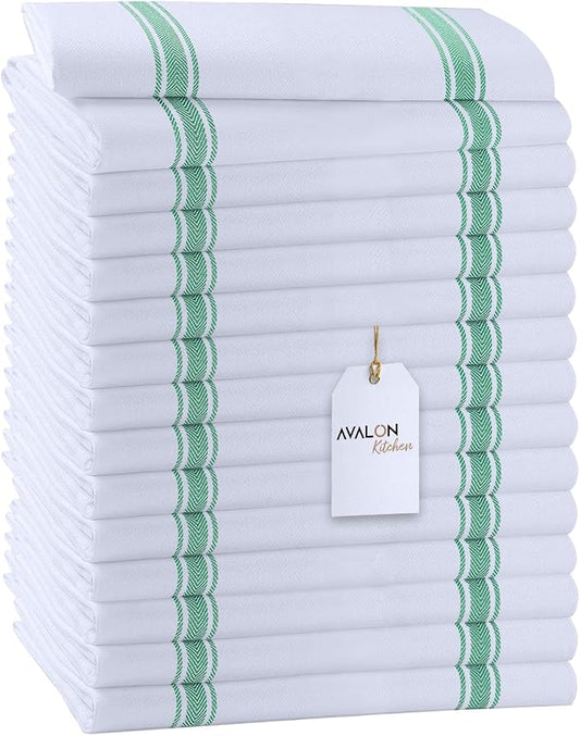 Dish Towels 15 Pack Green Stripe 100% Cotton Kitchen Towel 15x25 Inch Tea Towels, Dish Cloths for Washing Dishes, Kitchen Rags for Drying Dishes by Avalon+Kitchen