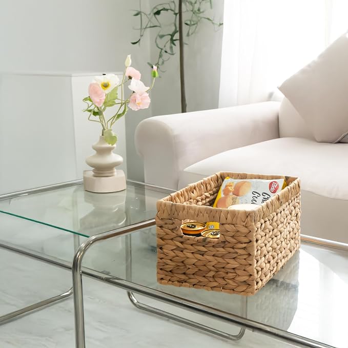 KOKODO Pack 3 Medium Wicker Storage Baskets with Handles, Stylish and Durable Water Hyacinth Rectangle Handwoven Basket Bin with Metal Frame & Handle for Room Organizing - Image 6