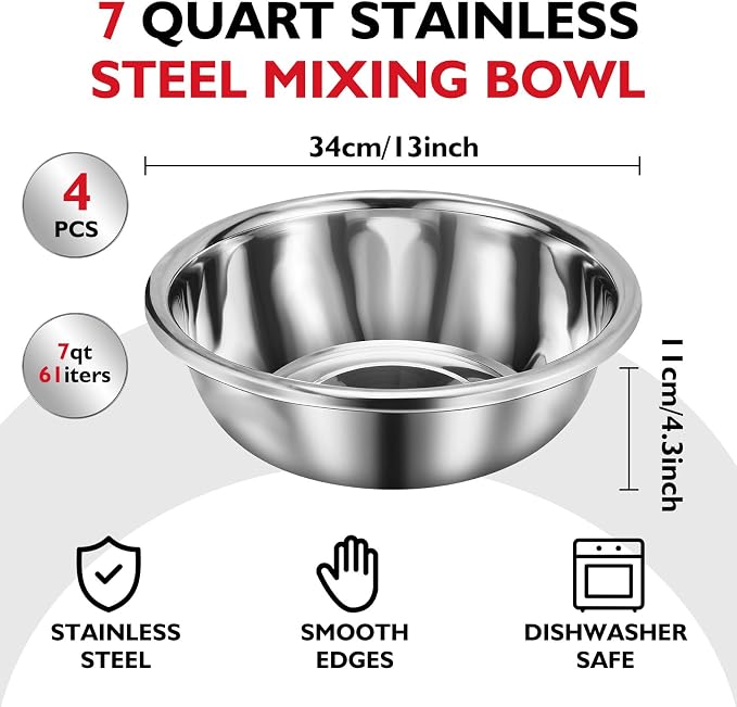 4 Pack 7 Qt 304 Stainless Steel Large Mixing Bowls with Flat Base Polished Mirror Finish Metal Bowls for Home or Commercial Baking Mixing Marinating and Food Preparation - Image 2