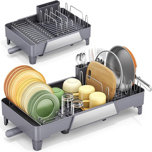 Urackify Large Dish Drying Rack, Expandable Dish Drainer, Gray | Extendable 16.3" to 23.6" L, with Drainboard & Utensil Holder, Anti-Rust, Fits Any Sink, High capacity, Easy to Install by Urackify