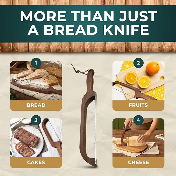 Bread Knife Package Slicer for Sourdough Bread, 16.5" Premium Wooden Bow Design, Premium Stainless Steel Serrated Saw, Cutter for cutting Loaf, Sandwich, Bagels, Homemade Bread & more - Black Walnut - Image 4