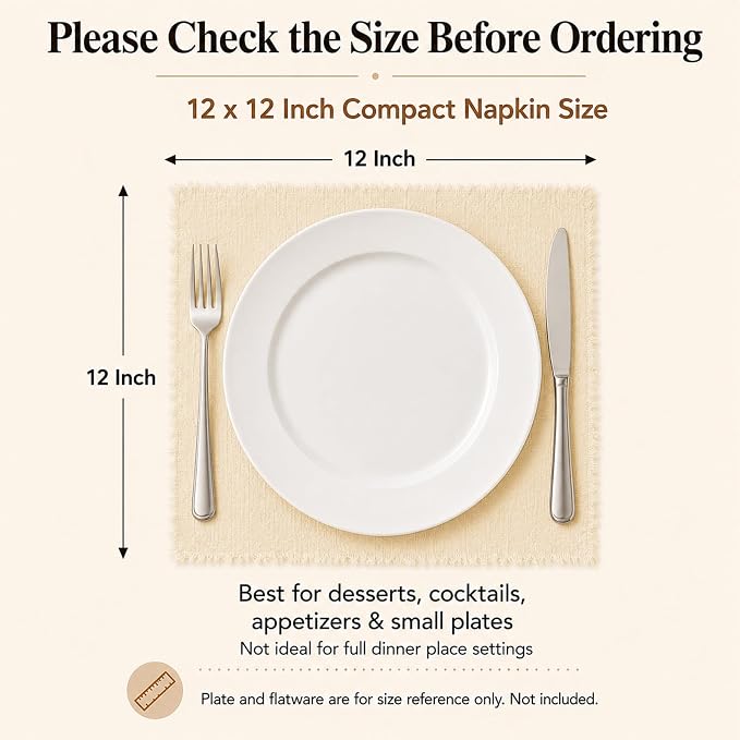 36 Pack Beige Cloth Napkins, 12 x 12 Inch Cotton with Fringe Settings | Handmade washable reusable cotton dinner napkins in bulk for weddings, parties, rustic boho table settings - Image 2