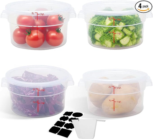 4 Pack 2QT Round Food Storage Containers with Lids | NSF, BPA-free PP containers with scale, label and measuring cup, stackable for prep, storage, freezer. Dishwasher safe by STEELUS