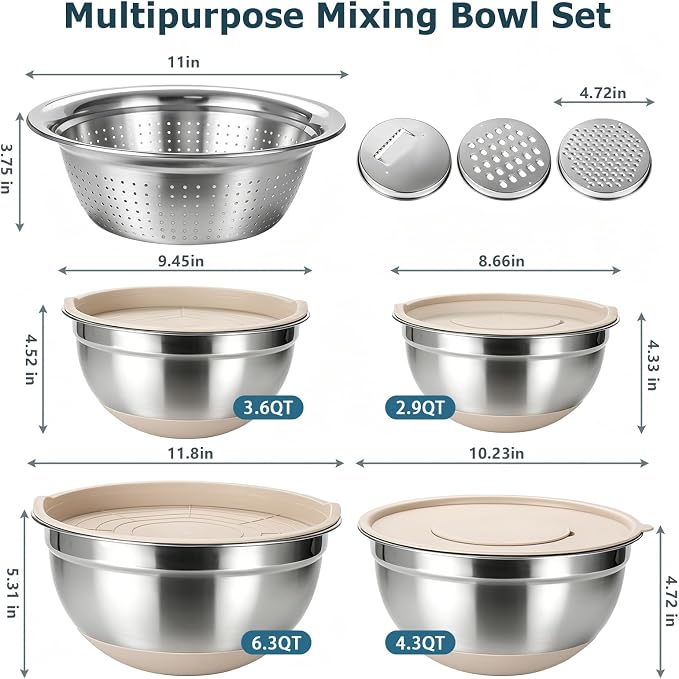 Stainless Steel Mixing Bowls with Airtight Lids,Non-Slip Nesting Bowls Set | 6.3,4.3,3.6,2.9QT,14Pcs Metal Bowl with Mixer Hole,Silicone Bottom,Grater Attachments and Kitchen Gadgets,for mixing,serving - Image 2
