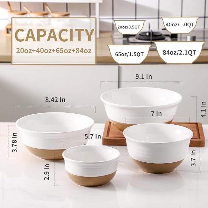 HASENSE Ceramic Serving Bowls Set of 4, 2.1/1.5/1.0/0.5 Qt White & Terracotta Stoneware Mixing Bowls, Farmhouse Bowls for Cooking, Prepping, Salad & Soup, Dishwasher & Microwave Safe, Serving Dishes - Image 3