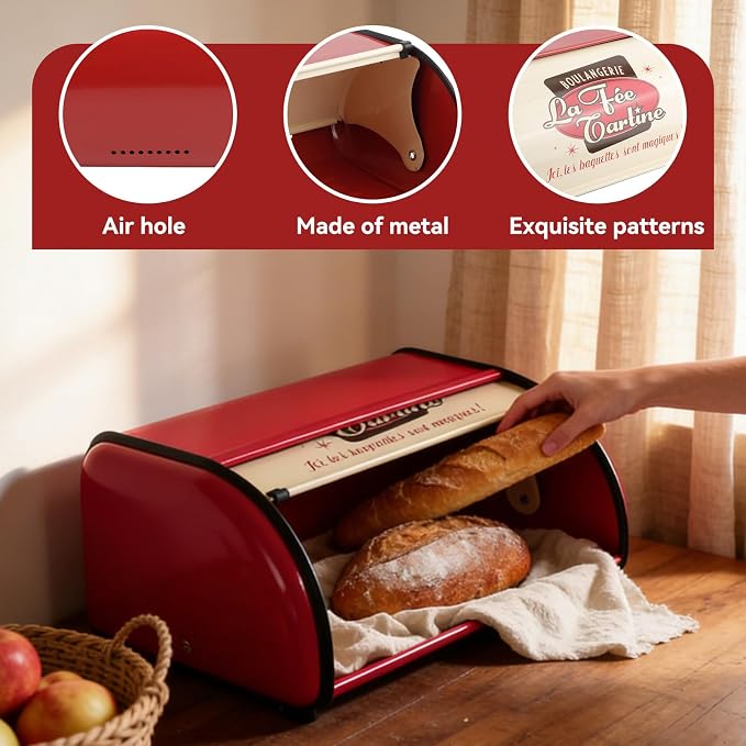 Metal Bread Storage Container, Large Capacity Vintage Roll Top Bread Box Bread Holder Bread Dispenser Kitchen Countertop Box for Kitchen Bread Storage 13.6 * 9.1 * 5.7 in (Red) - Image 5