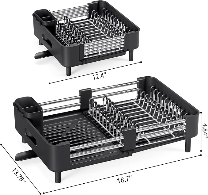 Urackify Extendable Stainless Dish Drying Rack for Kitchen Counter, Black | 13.78"W x 18.7"L, Foldable Drainboard for Space Saving, Knife and Utensil Holder, Fast-draining Spout - Image 6