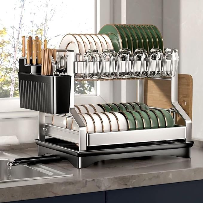 Fandian Dish Drying Rack 2 Tier Dish Racks for Kitchen Counter and Sink, Large Dish Drying Rack with Drainboard & Utensil Holders Stainless Steel Dish Drainers Kitchen Organization and Storage - Image 2