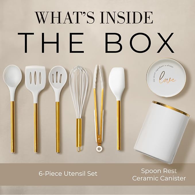 Styled Settings White and Gold Kitchen Utensils with Holder, 8-Piece | Heat Resistant, Nonstick, White Silicone Cooking Utensils Set, Ceramic Utensil Holder & Stackable Gold Spoon Rest - Image 2