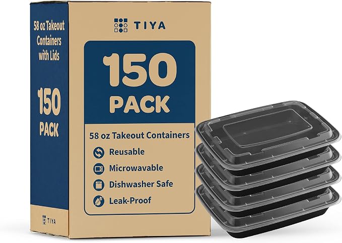 TIYA Food Containers - 58 oz Bulk 150 Pack with Lids - Rectangular Plastic To-Go Containers - Reusable, Microwavable, Dishwasher Safe - Leak-Proof for Meal Prep - BPA-Free by TTIYA