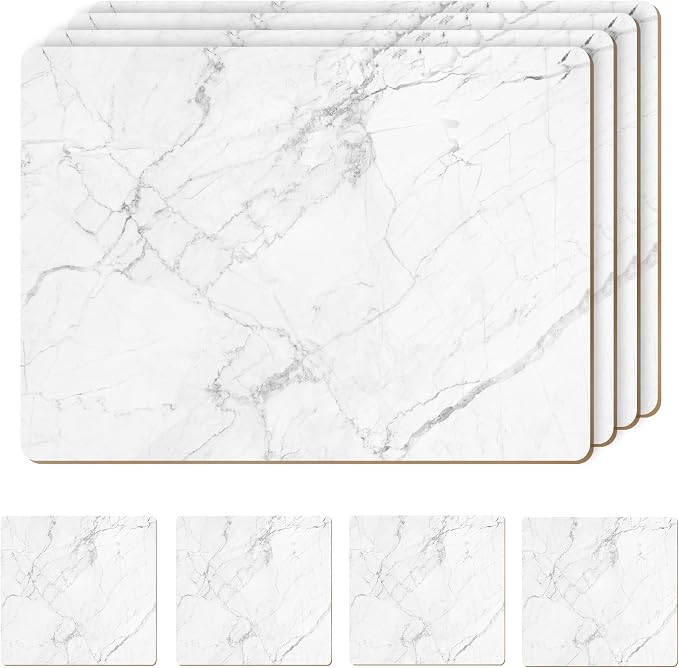 Set of 4 Heat Resistant Cork Placemats for Dining Table with Free Set of 4 Matching Drink Coasters Marble Design 16 x 12 Inches Cork Backed Hard Placemats (White Marble) by Moderry